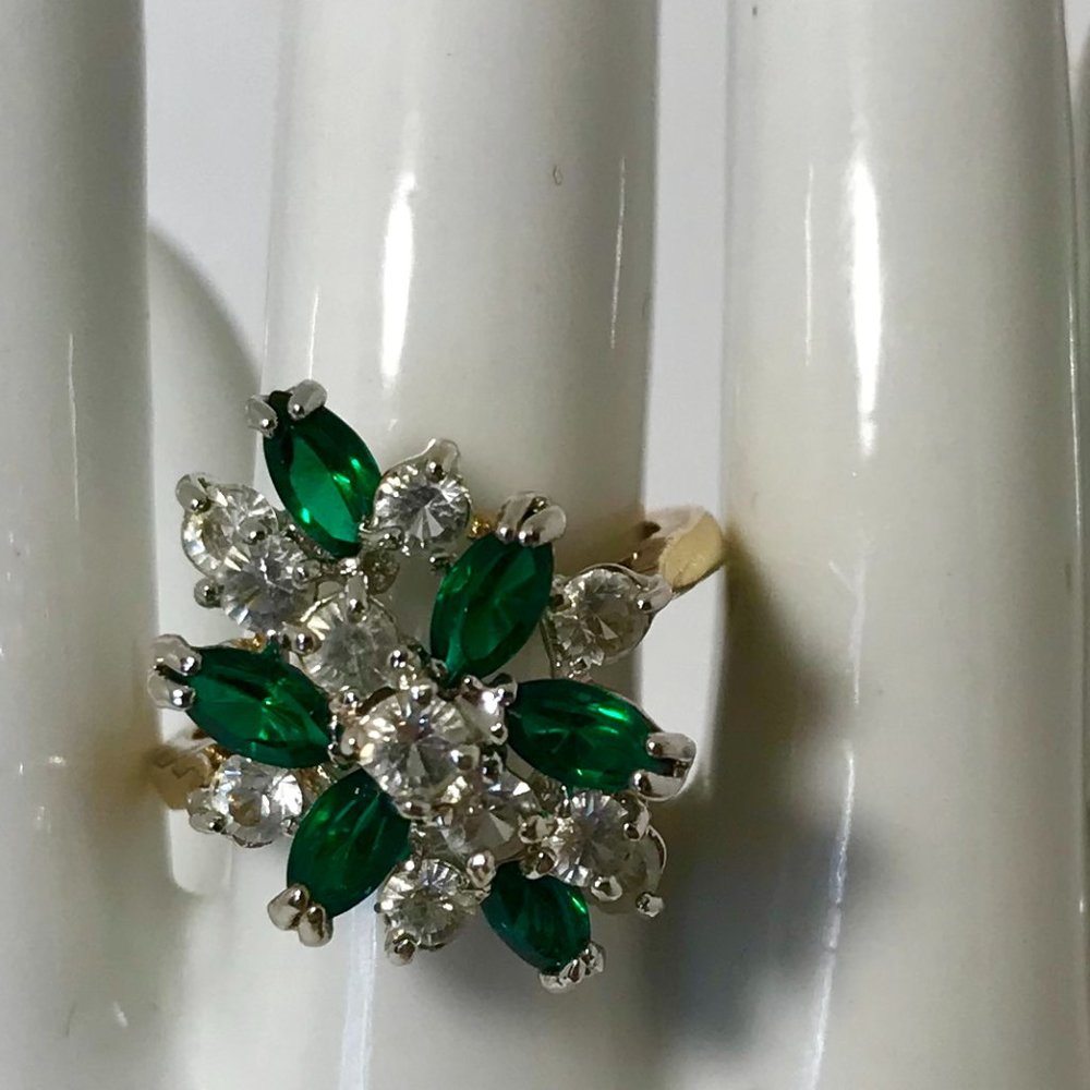 Ring, Faux Diamond & emerald stones, gold tone, size 6